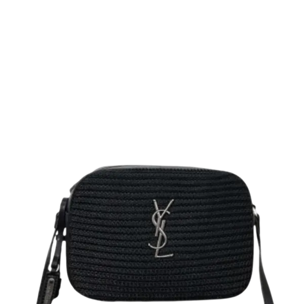 Saint Laurent Lou Camera Bag in Raffia And Smooth Leather Black 24cm