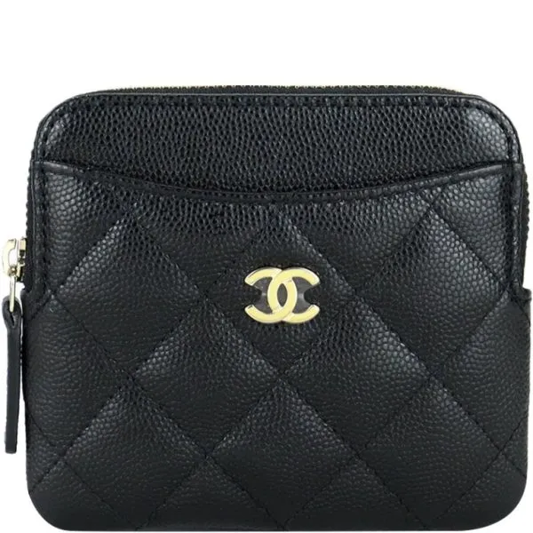 Chanel Caviar Quilted Zip Card Holder Black Wallet