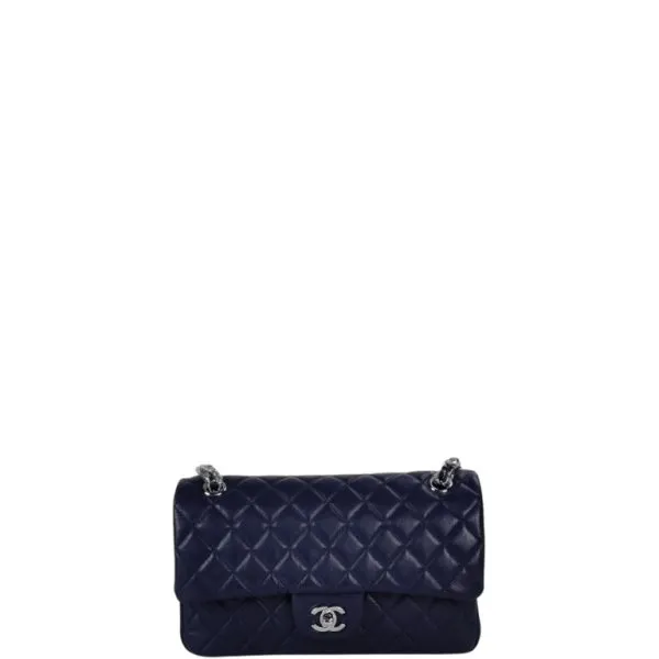 Chanel Classic Medium Lambskin Flap Navy And Silver 25cm