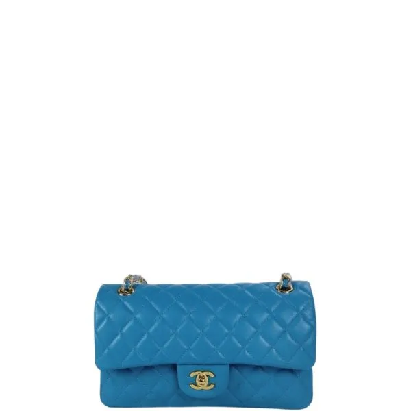 Chanel Classic Medium Lambskin Flap Bag Blue Gold 25cm