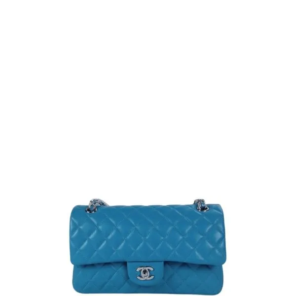 Chanel Classic Medium Lambskin Flap Bag Blue Silver 25cm
