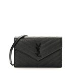 SAINT LAURENT CASSANDRE MATELASSE CHAIN WALLET IN GRAIN DE POUDRE EMBOSSED BLACK NOIR 22CM