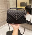 SAINT LAURENT COLLEGE MEDIUM SILVER CHAIN IN QUILTED BLACK SILVER 24CM