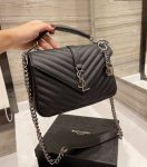 SAINT LAURENT COLLEGE MEDIUM SILVER CHAIN IN QUILTED BLACK SILVER 24CM