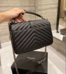 SAINT LAURENT COLLEGE MEDIUM SILVER CHAIN IN QUILTED BLACK SILVER 24CM