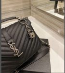 SAINT LAURENT COLLEGE MEDIUM SILVER CHAIN IN QUILTED BLACK SILVER 24CM