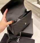 SAINT LAURENT COLLEGE MEDIUM SILVER CHAIN IN QUILTED BLACK SILVER 24CM
