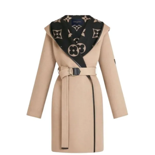 Louis Vuitton Hooded Coat Double Faced Silk Wool Brown 1aagav