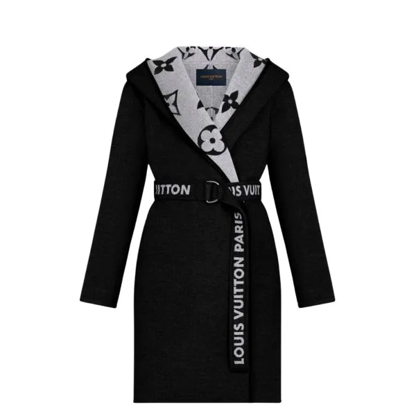 Louis Vuitton Belted Double Sided Hooded Wrap Coat Black And Gray