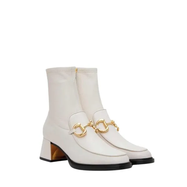Gucci Horsebit Plaque Ankle Boots Off White