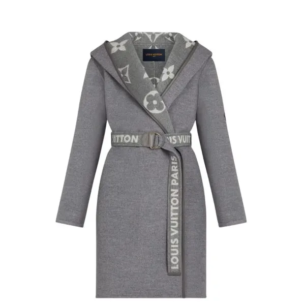 Louis Vuitton Belted Double Sided Hooded Wrap Coat Gray