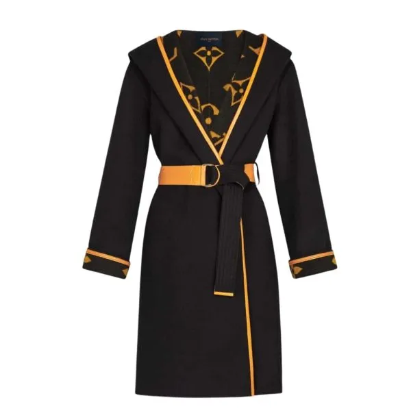 Louis Vuitton Hooded Wrap Coat Monogram Wool in Black