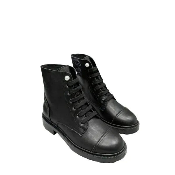 Chanel Black Leather Combat Boots With Pearl Detailing On Top