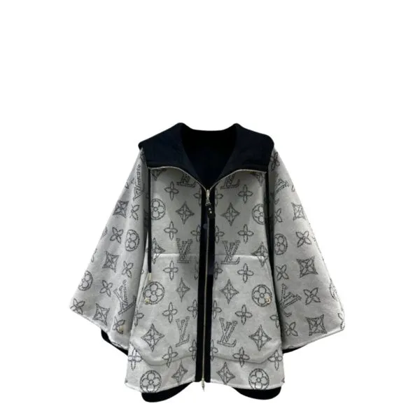 Louis Vuitton Wool Hooded Wrap Cape Coat Grey And Black