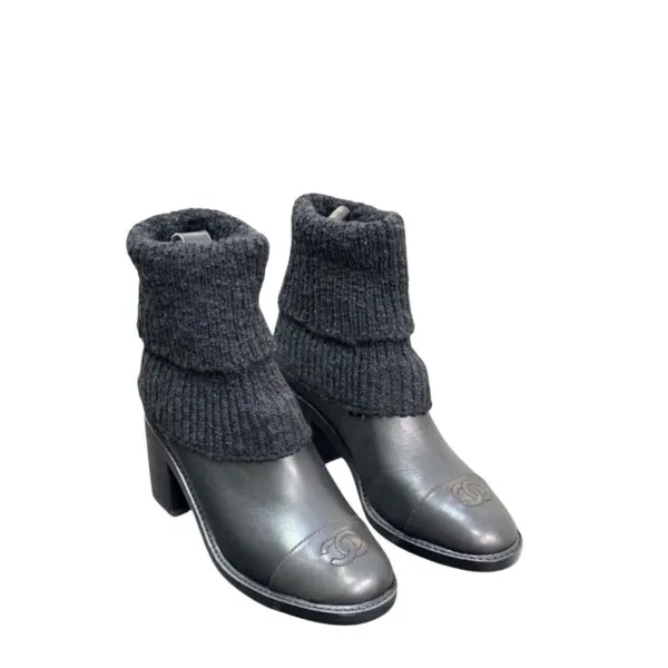 Chanel Leather Knit Boots Black
