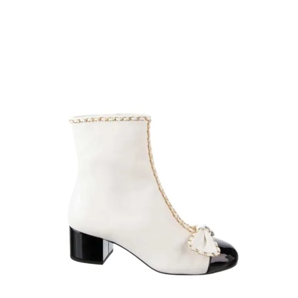 Chanel Ribbon Chain Boots White