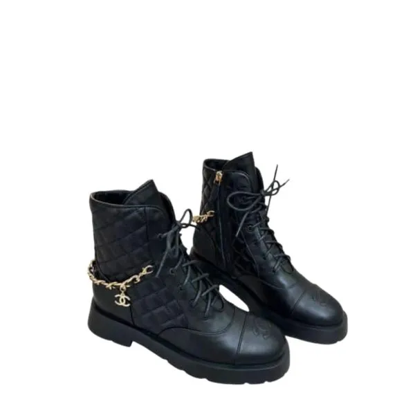 Chanel Quilted Chain Lace Up Combat Boots Black