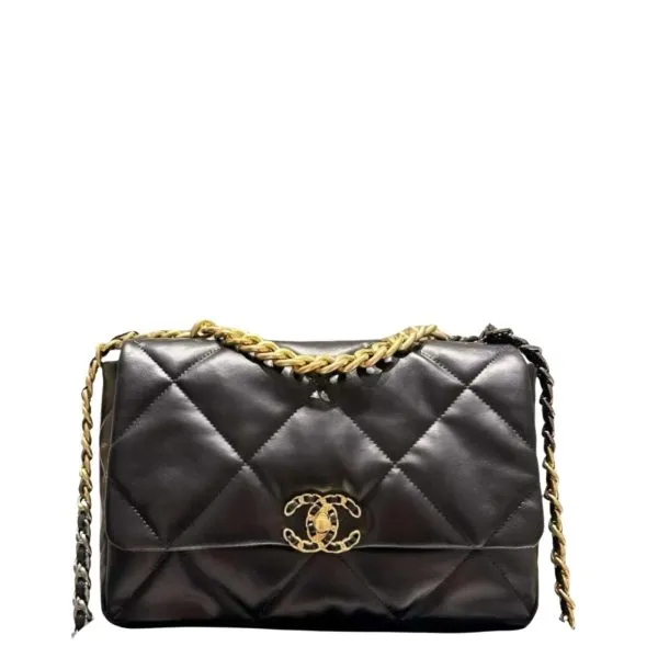 Chanel 19 Flap Bag Shiny Gold And Silver Tone Black 30Cm