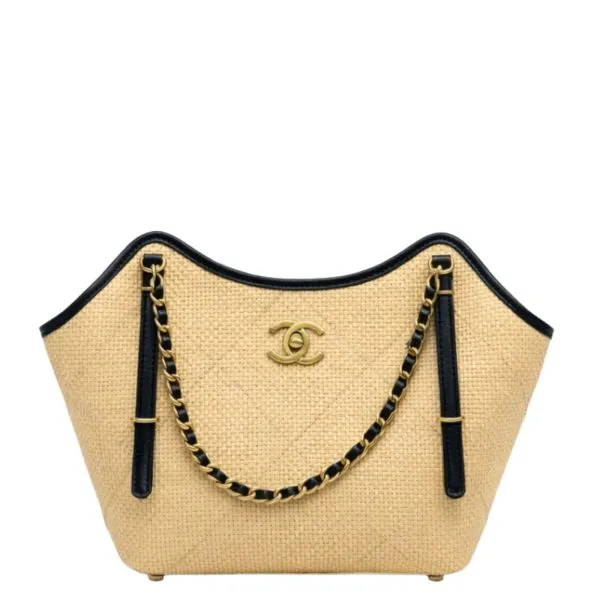 Chanel Small Shopping Bag Braided Raffia Effect Canvas And Gold Tone Metal In Beige 20Cm